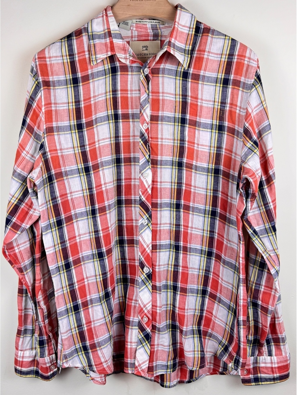 Scotch & Soda Amsterdam Couture Plaid Cotton Linen Button Front Shirt Red White